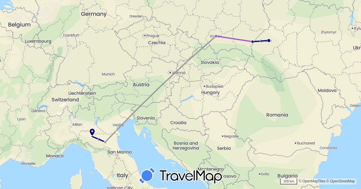 TravelMap itinerary: driving, plane, train in Italy, Poland, Ukraine (Europe)
